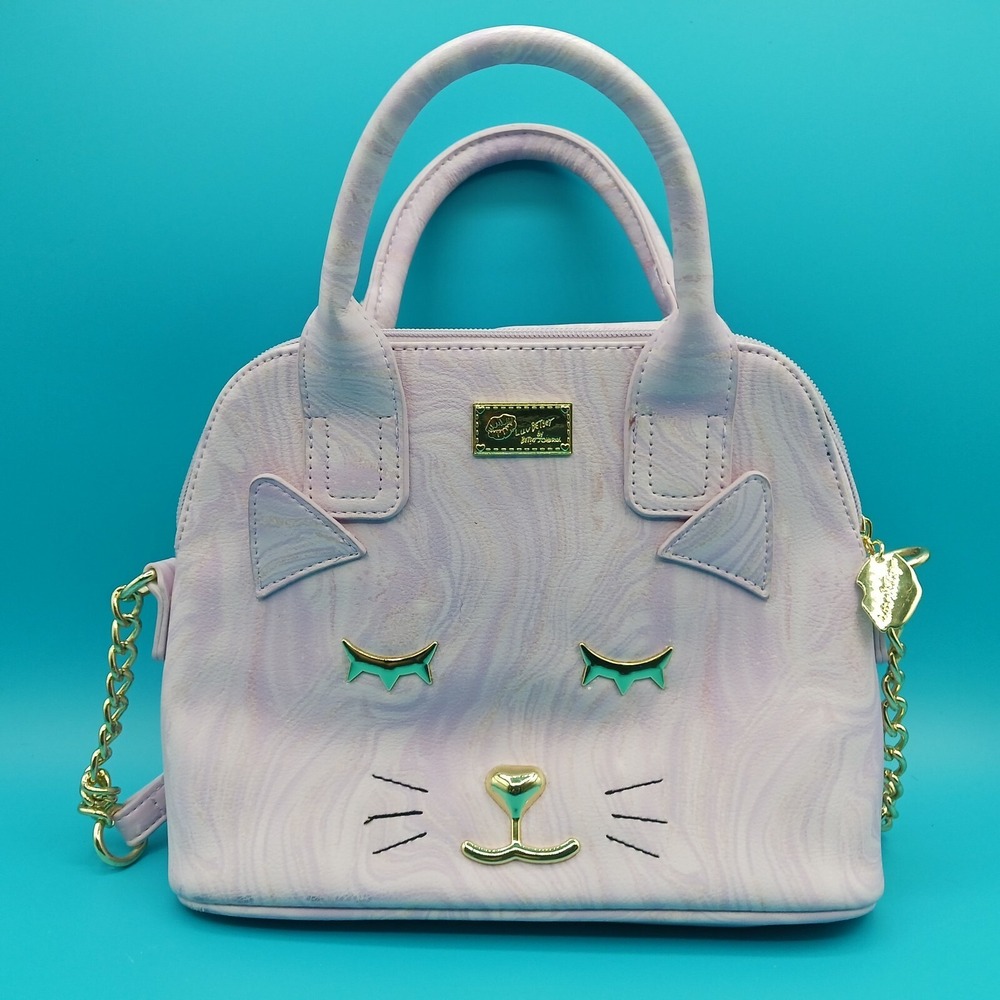 Luv Betsey Johnson Kitty Cat Faux Leather Pink & gold Crossbody Purse/Bag *read